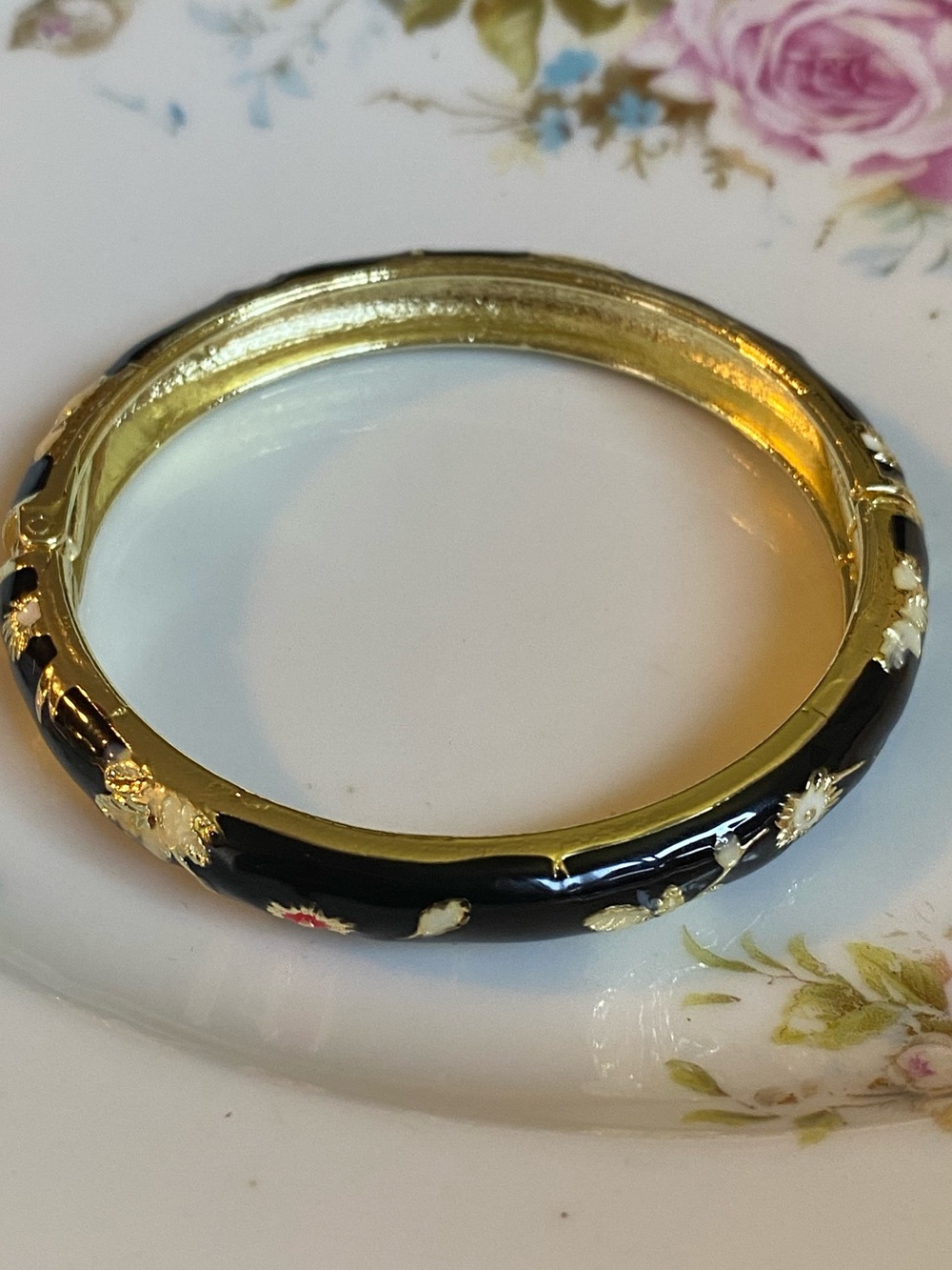 Black and Gold Floral Enamel Cloisonné Bangle Bracelet